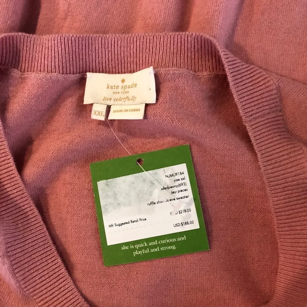 Kate Spade Light Pink Eyelet Ruffle Short Sleeve Sweater size XXL NWT Crew Neck